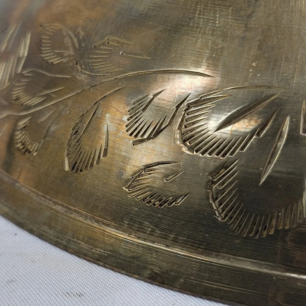 VINTAGE‎  ZY India World Gift Brass Footed Pedestal Bowl BRASS ETCHED